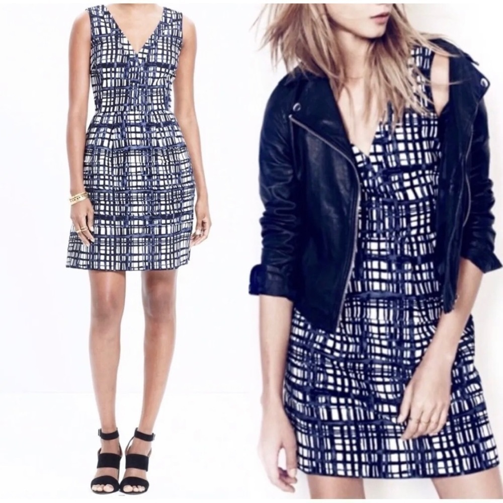 Madewell Sz 0 Blue White Plaid Print Fit and Flare Shift xs Mini Dress